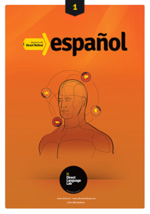 Pomarańczowa okładka podręcznika Metoda Direct hiszpański poziomy numer 1 Na środku wektorowa postać mężczyzny nizej czarne koło z nazwą wydawcy.